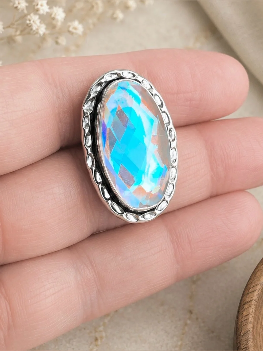 Faceted Aura Rainbow Topaz 925 Sterling Silver Ring Sz 8.5